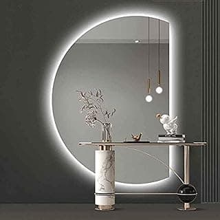 Espelho LED meia lua regulável com iluminação LED, design moderno, borda fina, montado na parede.
