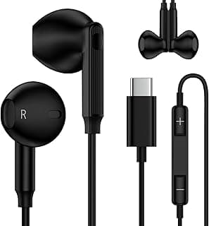 Fones de ouvido intra-auriculares pretos com USB Type-C, microfone e controle de volume