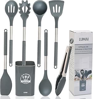 Kit de utensílios de cozinha LUMAI com 8 peças em silicone e aço inoxidável, cinza, resistentes ao calor, antiderrapantes, antirisco