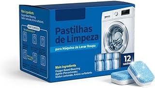 Caixa de 12 pastilhas de limpeza para máquina de lavar roupas, com máquina frontal e esponja azul.