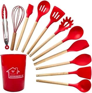 Jogo Utensílios Cozinha Silicone Cabo Madeira Antiaderente Alta Temperatura Kit 12 Peça Com Suporte Colher Espátula Pegador Concha Fue Pincel Escumadeira Copo Anti Risco Talher CLAYMORE (Vermelho)