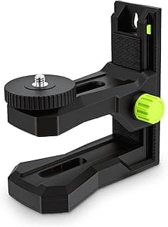 Suporte a laser de ajuste fino com base giratória magnética e clipe ajustável, em preto com detalhes neon verde.