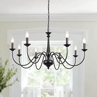 Lustre preto rústico com oito luzes para sala de jantar, cozinha ou quarto