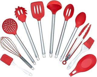 Jogo de utensílios de cozinha em silicone e inox, 11 peças, vermelho