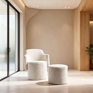 Poltrona Organica com puff Confortável Decorativa Moderna Elegante Tecido Boucle Estofada Redonda Minimalista Sala Estar Recepção Escritório MOBLAN decor (BEGE)
