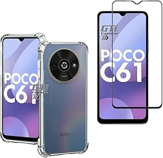 Imagem do Xiaomi Poco C61 com capa anti-impacto e película protetora, mostrando ângulos frontal, lateral e traseiro.