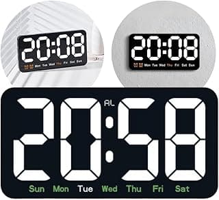 Relógio digital LED branco mostrando hora e dias da semana em fundo preto