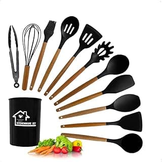 Jogo 12 Peças Utensílios Silicone Colher Espátula Concha kit Esumadeira Pegador Fuê Baterdor Copo para Armazenamnto Cabo Madeira Pincel