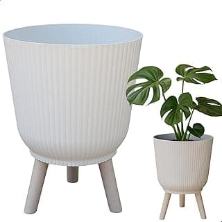 Cachepot Talin 14,5L branco com acabamento madeira granito, polipropileno resistente, com planta.