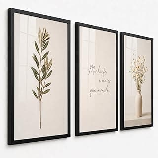 Kit de 3 quadros decorativos minimalistas com folhas e flores em molduras pretas