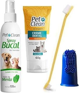 Kit de Higiene Bucal Pet Clean para Cães e Gatos com Spray, Creme Dental, Escova Dupla e Dedeira