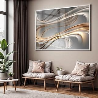 Quadro decorativo abstrato com ondas douradas e brancas em moldura preta para sala de estar