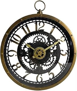 Relógio de parede retrô com engrenagens vintage, mostrador preto com números romanos e moldura dourada