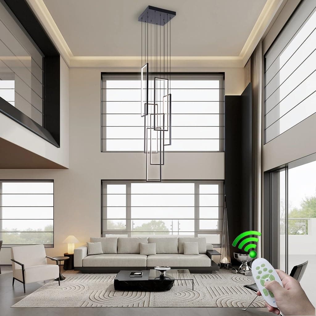 Lustre LED Grande com Controle Remoto Alumínio Preto para Pé Direito Alto