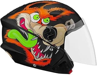 Capacete aberto com design de lobo furioso em preto, laranja e verde, tamanho 60