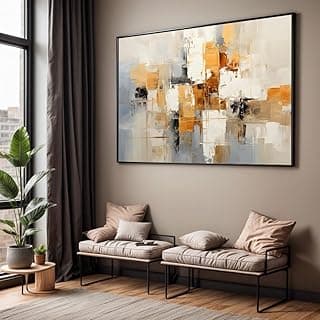 Quadro abstrato decorativo em moldura preta para sala ou quarto, cores bege, branco, marrom e dourado