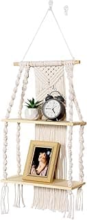 Prateleira de parede de macramê, boho, com duas camadas, decorada com borla tecida à mão, para apartamento, sala de estar, quarto, varanda, corredor