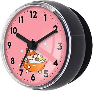 Relógio de parede impermeável para banheiro com design de cão tomando banho, mostrador rosa, números e ponteiros pretos.