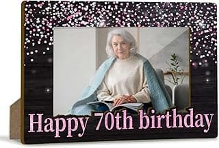 Porta-retrato glitter 70 anos, fundo preto, texto 'Feliz 70º aniversário', senhora lendo livro