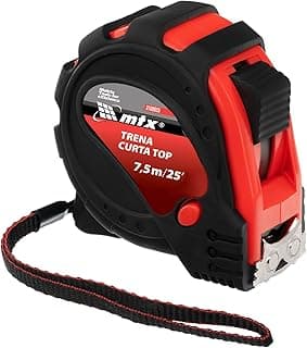 Trena curta MTX 7,5m x 25mm com estojo plástico resistente e três pontos de fixação, nas cores preta e vermelha.