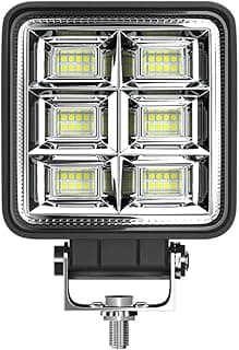 Farol de milha auxiliar universal quadrado automotivo com 48 LEDs, luz amarela intensa, estrutura quadrada, lente transparente, fundo branco.