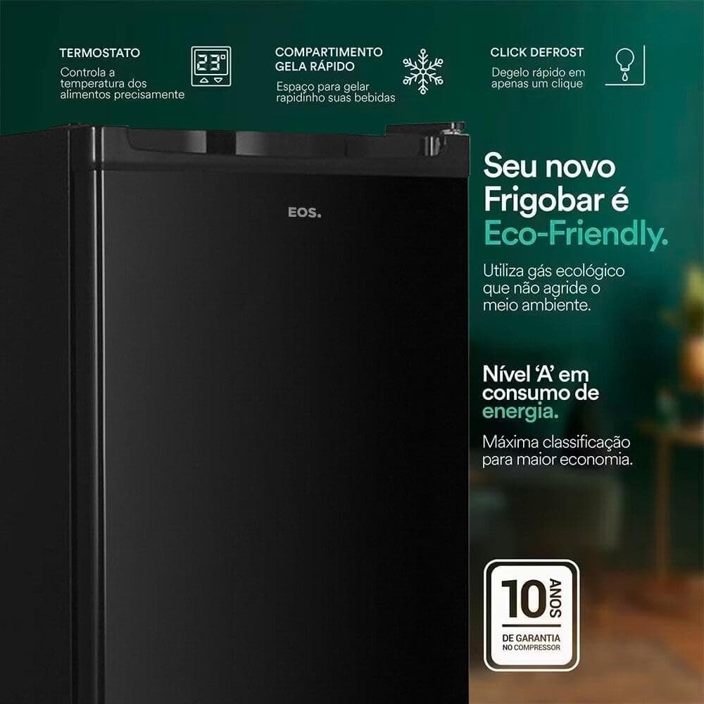Frigobar EOS EFB83P 71L Preto 220V com informações de características.