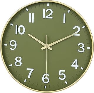Relógio de parede verde dourado, silencioso, números 3D brancos
