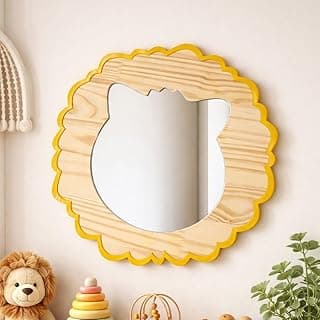 Espelho decorativo infantil em forma de leão em madeira pinus natural