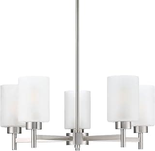 Lustre de 5 luzes com acabamento em níquel escovado e cúpulas de vidro fosco