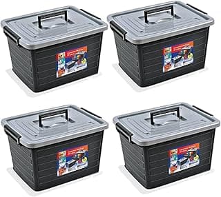 Kit 4 caixas organizadoras pretas 35 litros Arqplast com tampas cinzentas