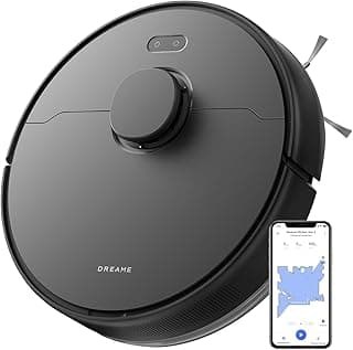 Robô aspirador DREAME D9 Max Gen 2, cilíndrico, controles superiores, preto, fundo branco, smartphone com mapa