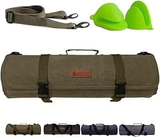 Bolsa de rolo para facas de chef em lona encerada verde militar com 11 compartimentos e luvas de forno neon