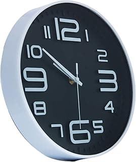 Relógio de parede LYOR branco com preto 25cm x 4cm, números brancos, fundo preto, moldura branca.
