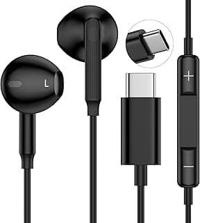Fones de ouvido tipo C com fio USB C para Samsung Galaxy A17/A16 5G/S25 FE/S25 Ultra/S25 Plus/S24FE/S23FE/A56/A36/S22, iPhone 17/16e/16 Plus/Pro Max, Pixel 9, com microfone e controle remoto