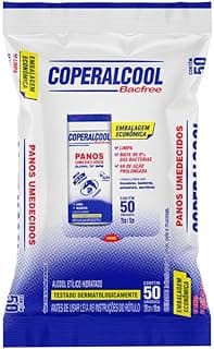 Pacote de 50 panos umedecidos Coperalcool Bacfree, embalagem azul e branca