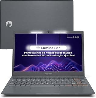 Notebook Positivo Vision C14 cinza com tela aberta mostrando barra de LED ajustável