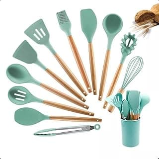 Conjunto de utensílios de cozinha em silicone e madeira verde-água 12 peças