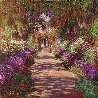 Pintura de jardim de Monet, caminho sombreado por árvores e flores coloridas
