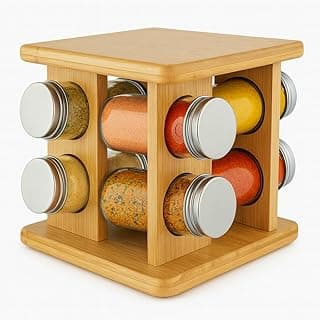 Porta-temperos giratório em bambu com 8 potes de vidro e tampas metálicas, design compacto e elegante