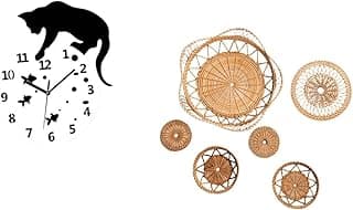 Relógio de parede de vime silencioso com gato e cestos decorativos