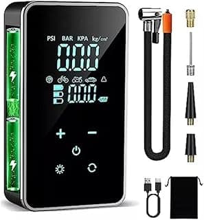 Mini compressor de ar portátil com display digital, acessórios e bolsa de transporte