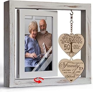 Porta-retrato branco de 50º aniversário de casamento com foto de casal e decorações em cor marrom