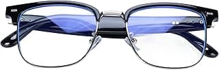 Óculos com lentes azuis e armação preta, vista frontal.