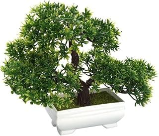 Bonsai artificial em vaso branco, ideal para decoração de casa, escritório ou jardim.