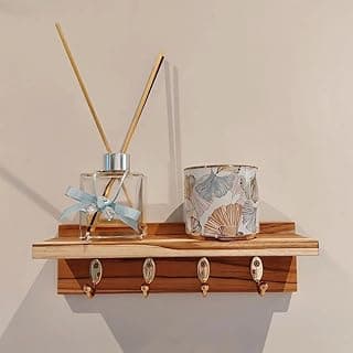 Cabideiro de Madeira Teca com Prateleira, 4 Ganchos Dourados, Suporte para Bolsas, Casacos e Chaves, Montagem na Parede