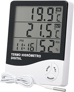 Termômetro higrômetro digital com display LCD mostrando temperatura, umidade e hora.