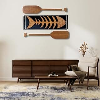 Kit decorativo náutico com remos rústicos em madeira pinus e quadro espinha de peixe.