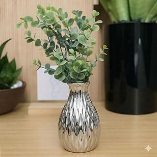 Vaso decorativo cerâmica metalizado prata 12cm com planta artificial