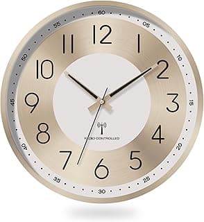 Relógio de parede analógico dourado 35,5 cm, controlado por rádio, fundo branco, números pretos