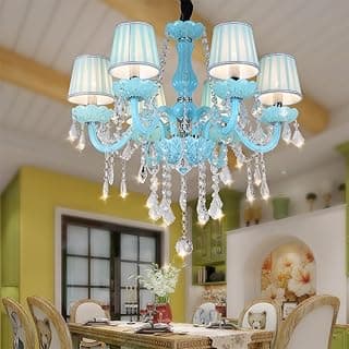 Luminária pendente azul com 6 luzes e cristais para sala de jantar